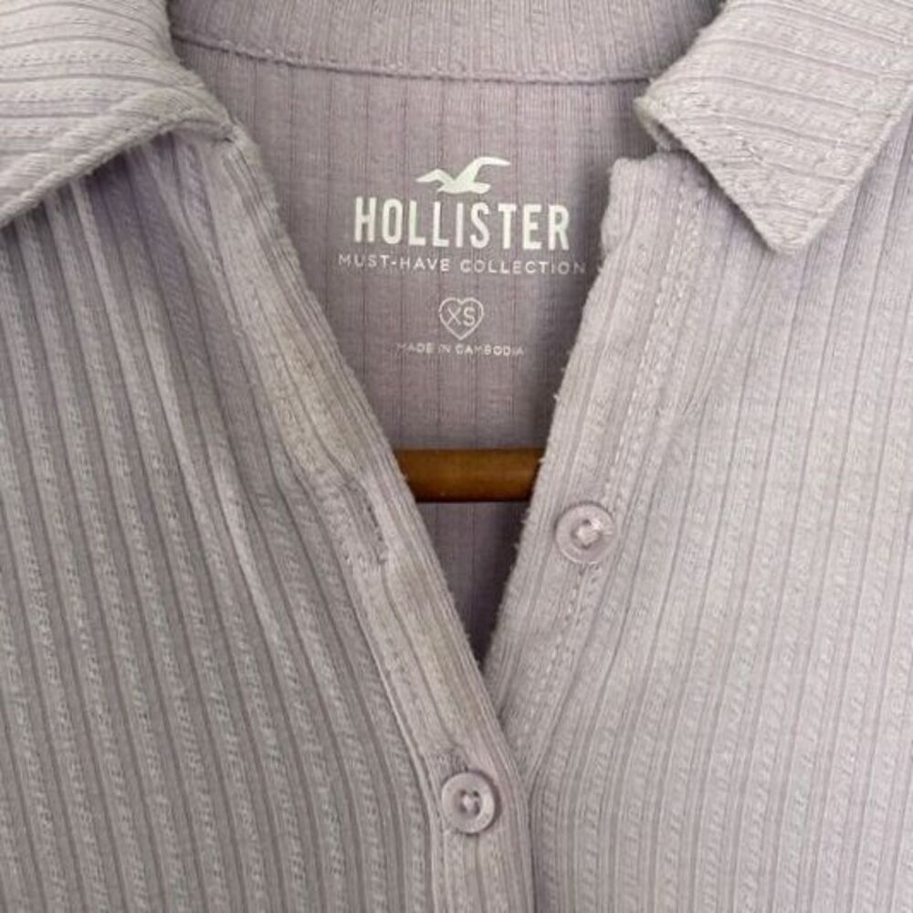 Hollister Lilac Ribbed‎ Crop Button-Up Polo Top Short Sleeve Summer Y2K Style - Picture 3 of 3